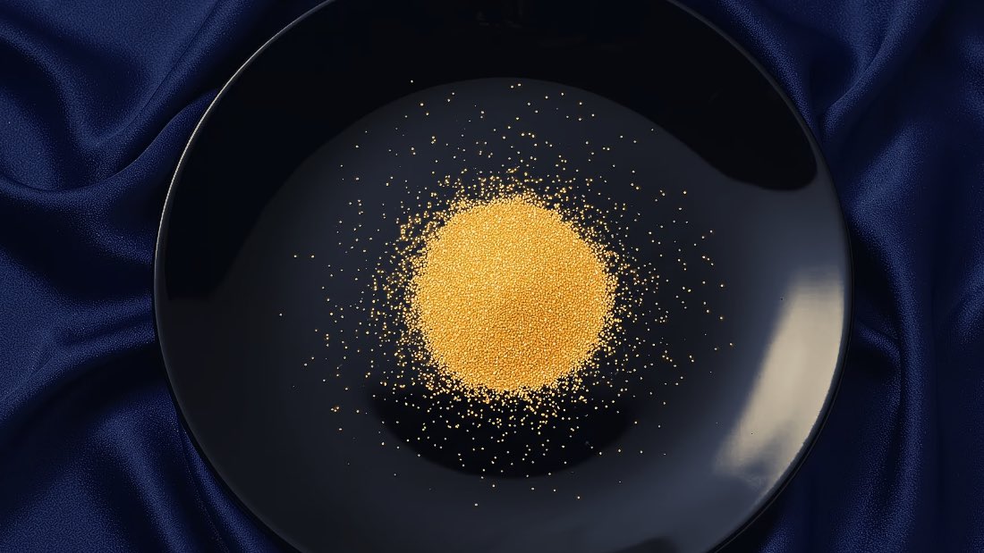 Gold dust gathering into the SwellSet hex mark on a black plate