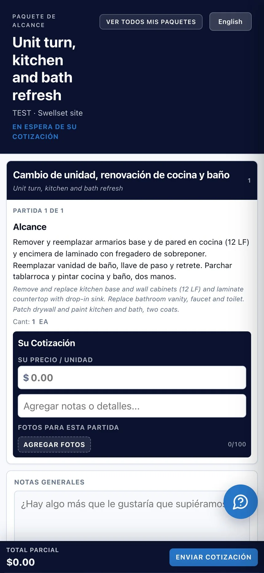 The sub's phone: the test package in Spanish, the scope translated with the English beneath, Su cotización
