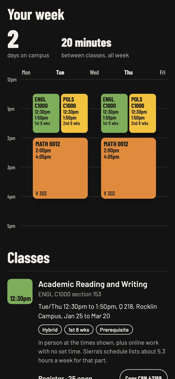 Class Schedule Finder on a phone: the student's week, two days on campus, with each class placed in its time
