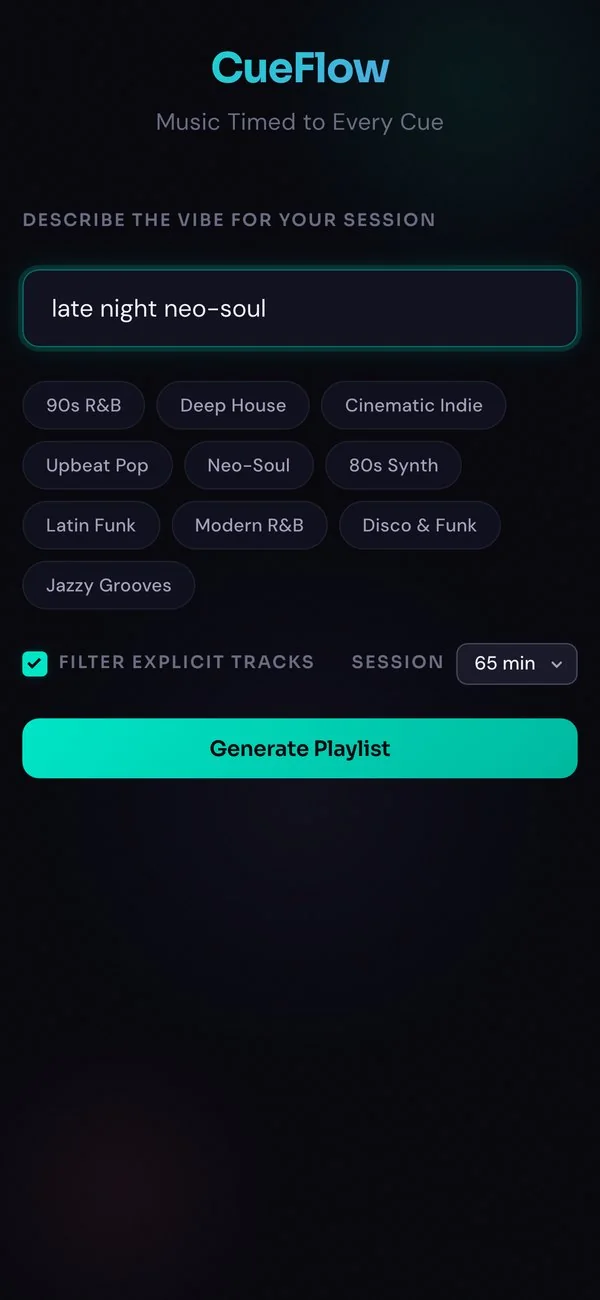 CueFlow on a phone: a vibe typed in, late night neo-soul