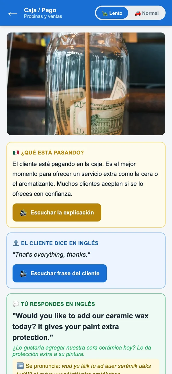 DiLo on a phone: a card for the register, what is happening in Spanish and what the customer says in English