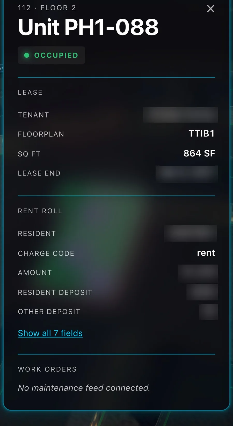 One unit's card: lease and rent roll fields, private details blurred