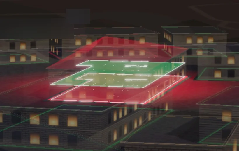 Drilled into building 112: its floors lit