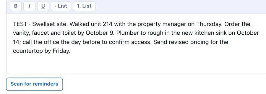 A note on a test proposal: order the vanity, faucet and toilet by October 9, plumber on October 14, send revised countertop pricing by Friday; Scan for reminders