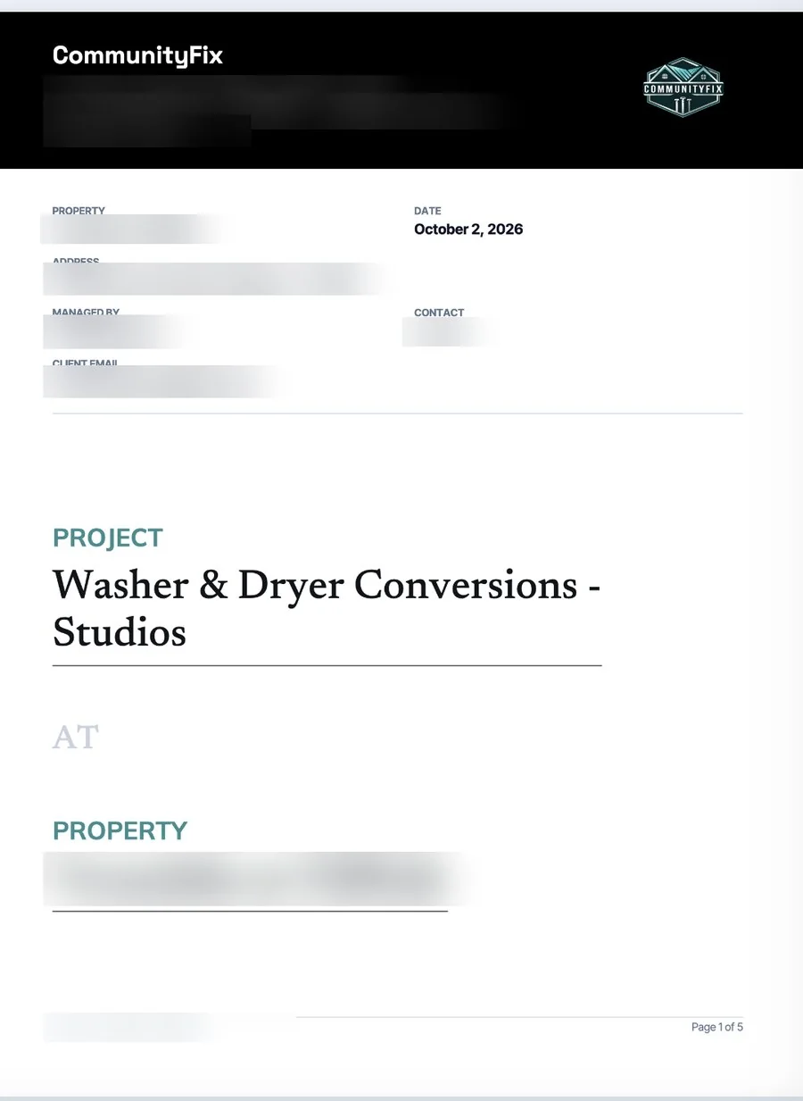 The proposal's cover: CommunityFix, the project, Washer and Dryer Conversions, Studios; contact details blurred