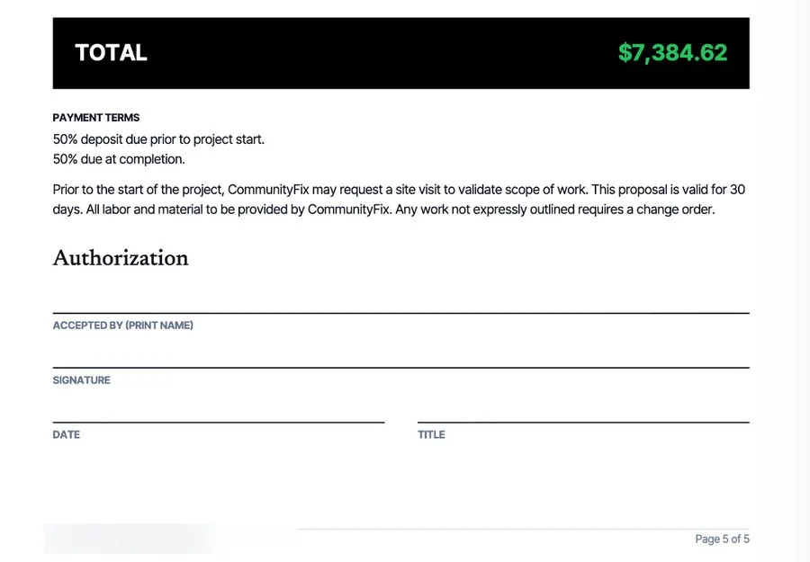 The last page: the total, payment terms and the signature lines