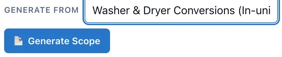 Generate from: Washer and Dryer Conversions (In-unit), and the Generate Scope button