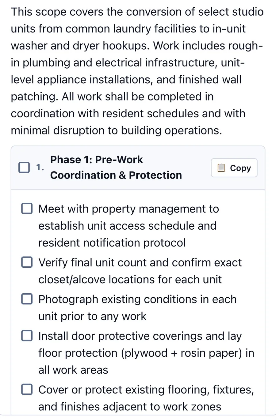 The drafted scope: an overview, then Phase 1, pre-work coordination and protection, line by line