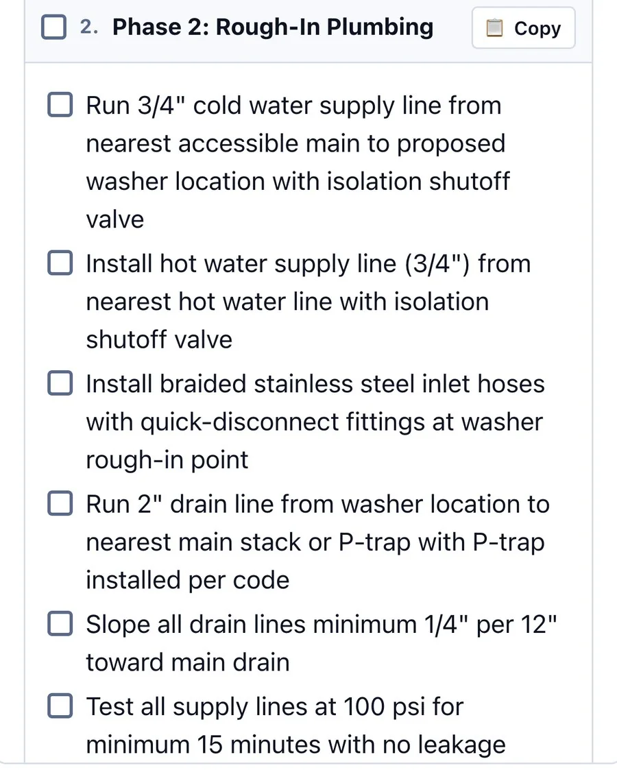 Phase 2 of the draft, rough-in plumbing, line by line