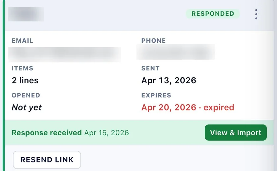 A sub's package: response received, View and Import; the sub's name and contact details blurred