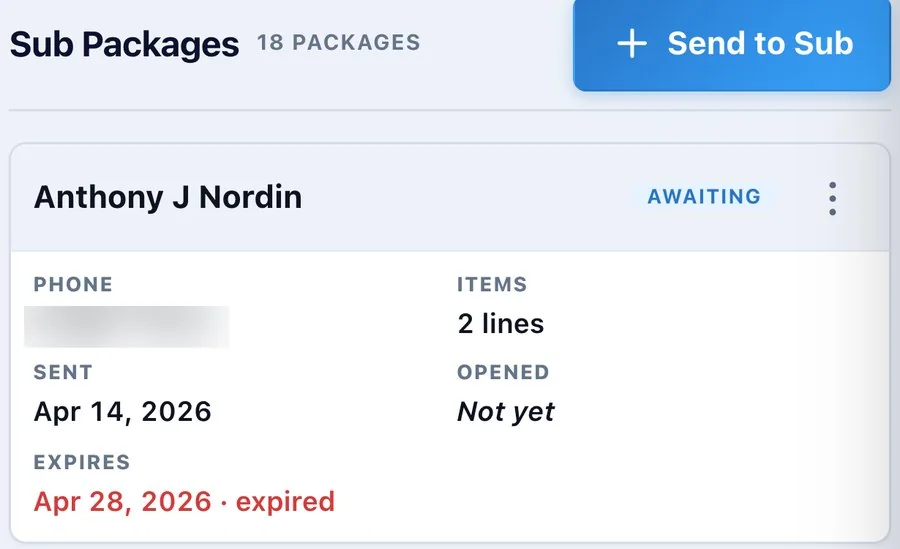 Sub packages, 18 of them, and Send to Sub; a phone number blurred