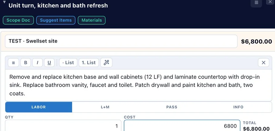 The test scope's line item: remove and replace kitchen cabinets and countertop, replace the vanity, faucet and toilet, patch and paint