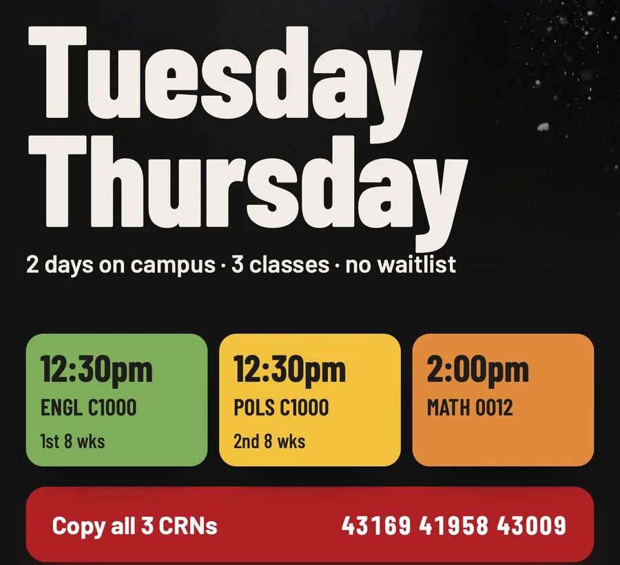 Tuesday and Thursday, 2 days on campus, 3 classes, no waitlist, and Copy all 3 CRNs