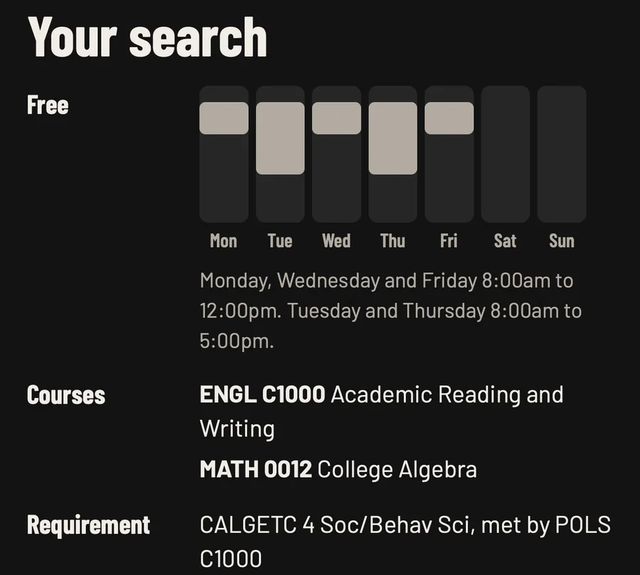 Your search: free hours Monday to Friday, the two courses still needed and one general-education requirement