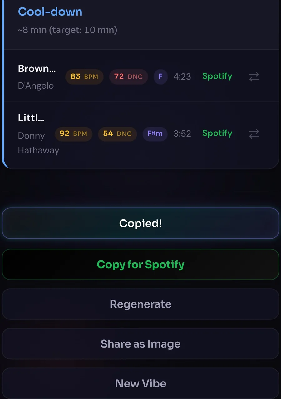 The cool-down tracks and the copy step: Copied!, Copy for Spotify