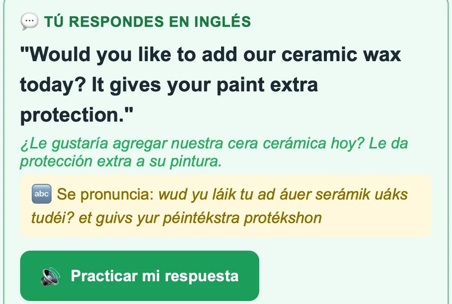 The answer in English, the Spanish beneath it, how it sounds, and Practicar mi respuesta